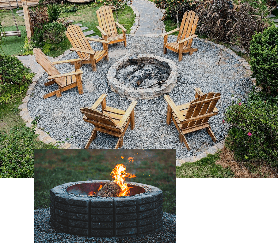 A fire pit with chairs around it and an aerial view of the fire.