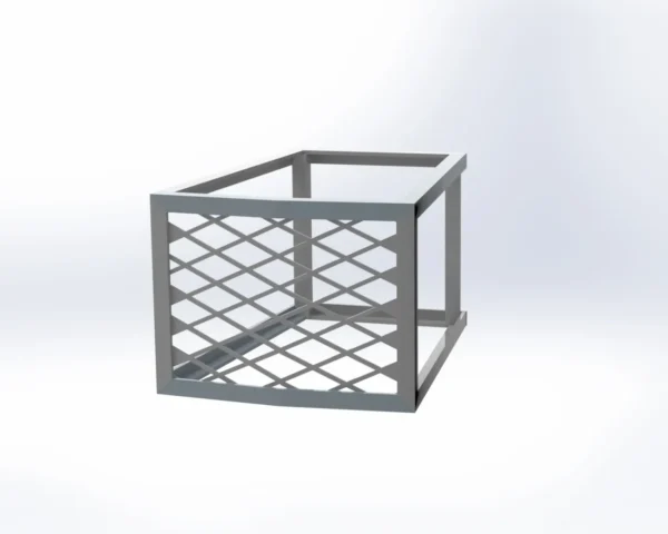A metal cage with a glass top on it.