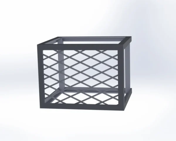 A black metal cage with an open top.
